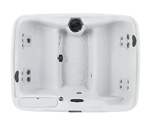 Fantasy Spas Enamor Premier hot tub in Arctic White shell color, overhead view highlighting clean lines and multi-jet design.