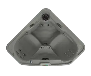 Overhead view of the Fantasy Spas Embrace hot tub in taupe color with contoured seating and built-in jets.