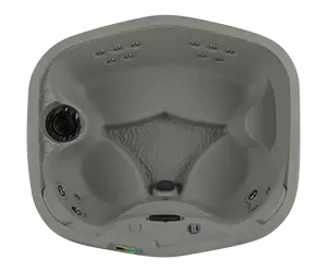 Overhead view of the Fantasy Spas Drift hot tub in Taupe finish, showing four ergonomic seats, 17 stainless steel jets, and central footwell.