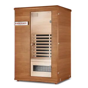 HealthMate Serenity 2 two-person infrared sauna with natural wood finish and glass door.