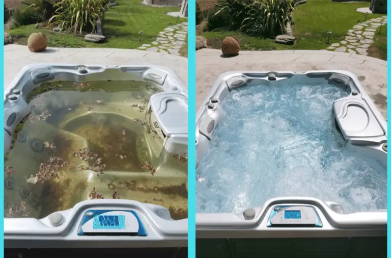 Flush that bacteria out of your hot tub. before and after images side by side with a dirty hot tub next to a clean hot tub.