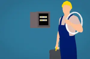 Illustration of choosing an electrician. Shows an electrician by an electrical box.
