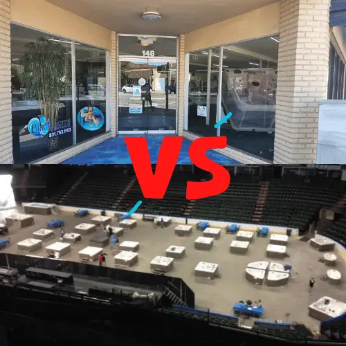 traveling hot tub shows. image of a specialty hot tub store vs. a traveling hot tub show.