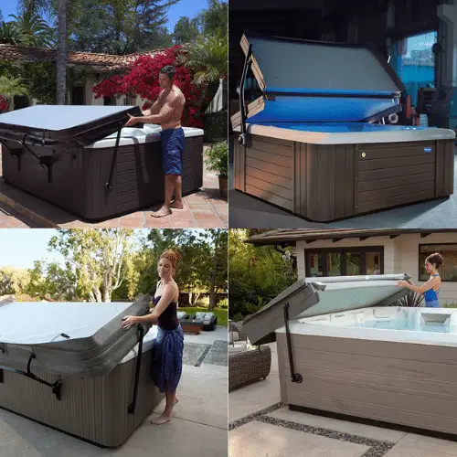 Extend Hot Tub Cover Life. 4 images of hot tubs with covers.