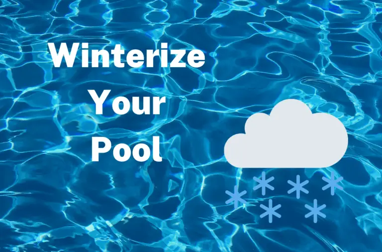 Winterize your pool. image w/ pool water and text stating to winterize you pool. Also embedded over the water is a cloud dropping snowflakes.