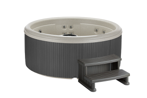 Front view of the Fantasy Spas Splendor Premier in Sand shell with a Coastal Gray cabinet.