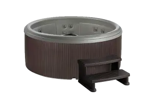 Front view of the Fantasy Spas Splendor Premier in Taupe shell with an Espresso cabinet finish.