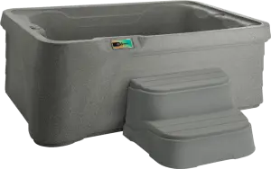 Front view of Fantasy Spas Aspire hot tub in taupe color with matching steps