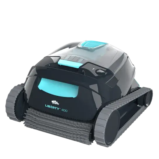 Maytronics Dolphin Liberty 400 cordless robotic pool cleaner with sleek design and magnetic connect charging
