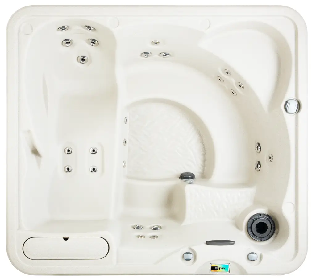 Overhead view of the Fantasy Spas Entice Premier hot tub with built-in lounger, LED lighting, and upgraded jet system