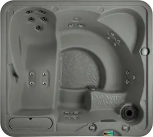 Overhead view of the Fantasy Spas Entice hot tub in Taupe finish, showing five ergonomic seats including a lounge, 27 stainless steel jets, and central footwell.