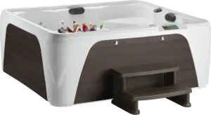 Front view of the Fantasy Spas Entice Premier in Arctic White shell with Espresso cabinet.