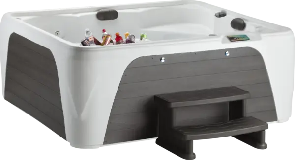 Front view of the Fantasy Spas Entice Premier in Arctic White shell with Charcoal cabinet.
