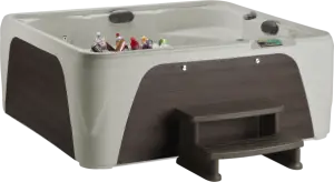 Front view of the Fantasy Spas Entice Premier in Sand shell with Espresso cabinet.