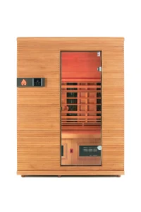 Health Mate Serenity 3 infrared sauna full front view with glass door, digital control panel, and natural wood exterior.