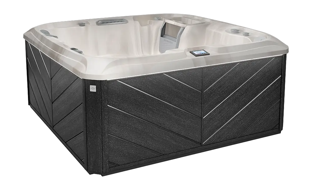 Sundance 880 Series Altamar hot tub with seating layout, jet placement, and exterior cabinet at Blackthorne Spas