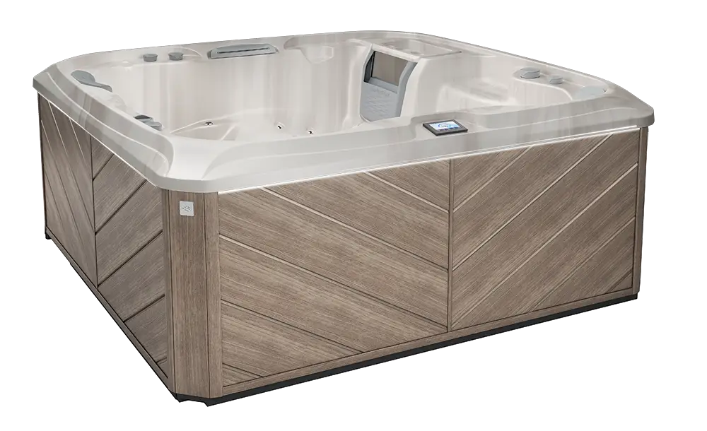 Sundance 880 Series Cameo hot tub with seating layout, jet placement, and exterior cabinet at Blackthorne Spas