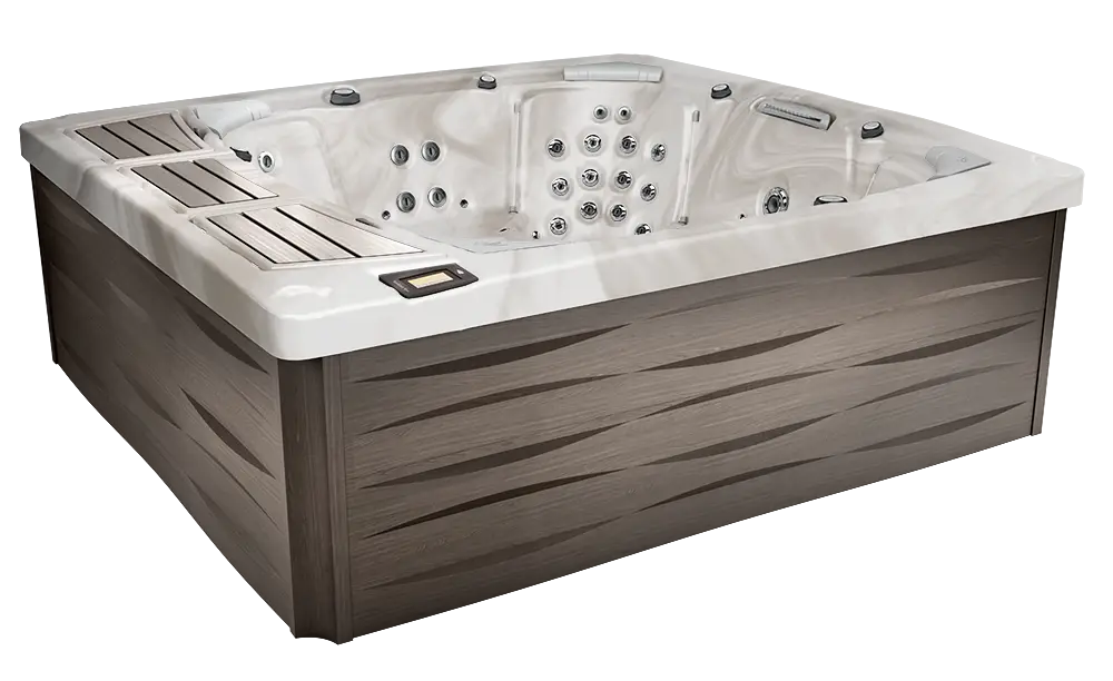 Sundance 980 Series Kingston hot tub with open seating, jet layout, and exterior cabinet