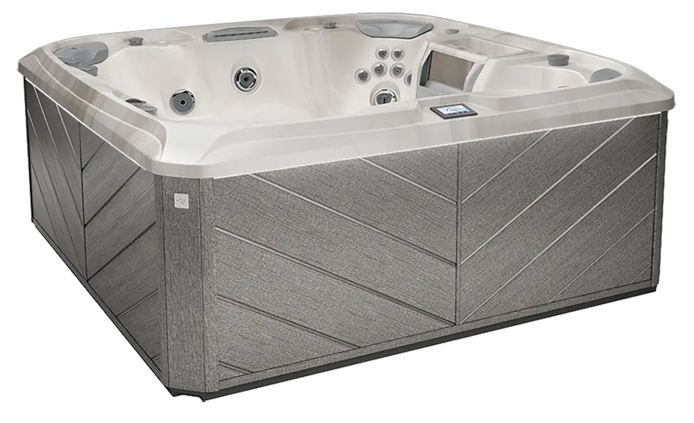 Sundance 880 Series Optima hot tub with seating layout, jet placement, and exterior cabinet at Blackthorne Spas