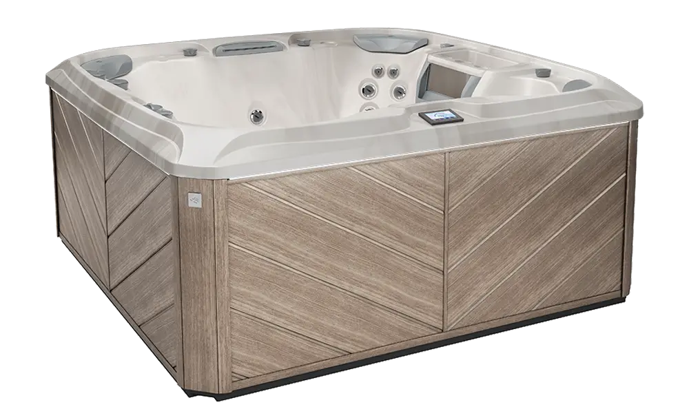 Sundance 880 Series Vistamar hot tub with seating layout, jet placement, and exterior cabinet at Blackthorne Spas