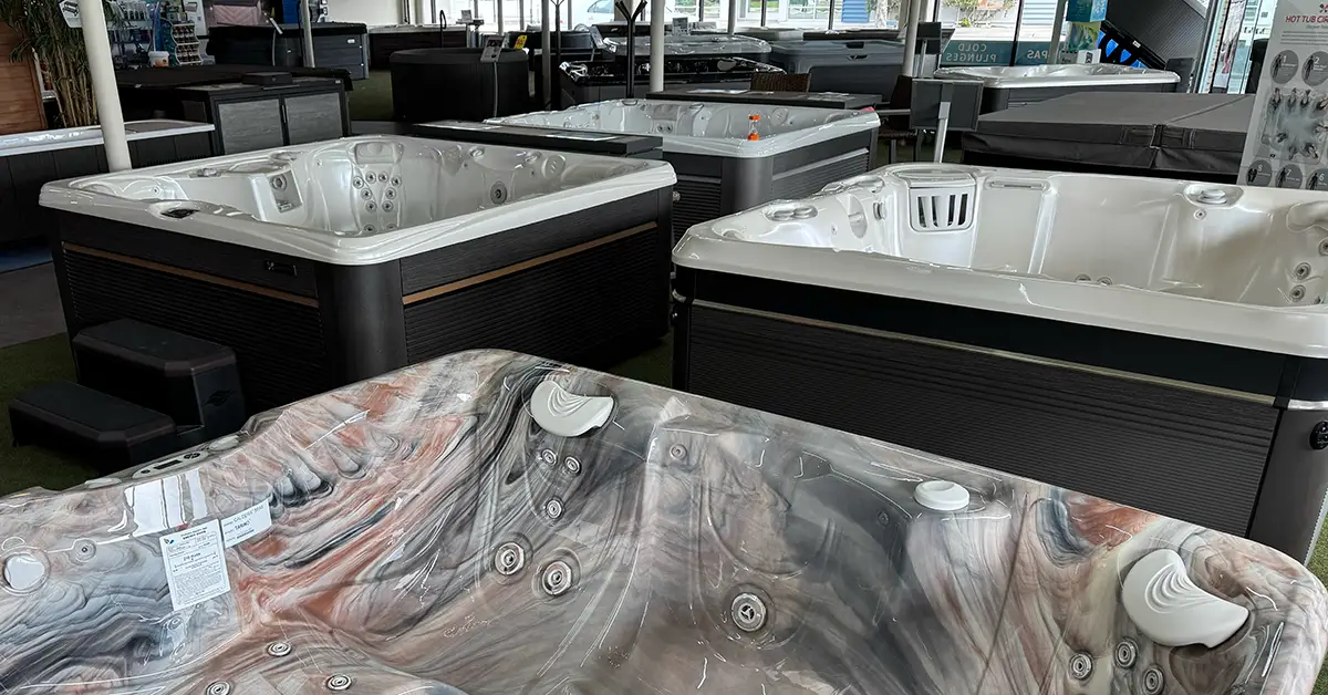 Hot tubs on display at the Blackthorne Spas showroom in Salinas