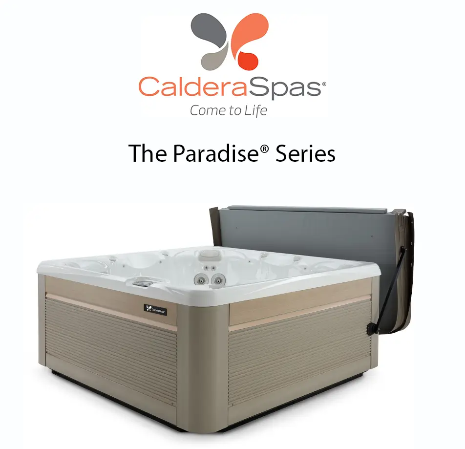 Caldera Paradise Series hot tub with elegant exterior panels and open cover, designed for luxury hydrotherapy