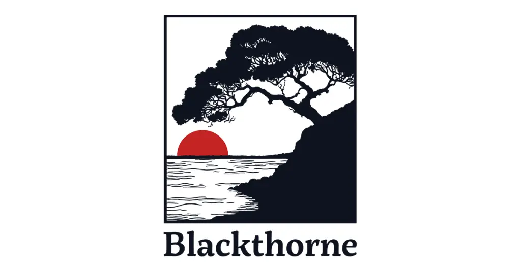 Blackthorne logo featuring coastal tree silhouette with red sunset over ocean
