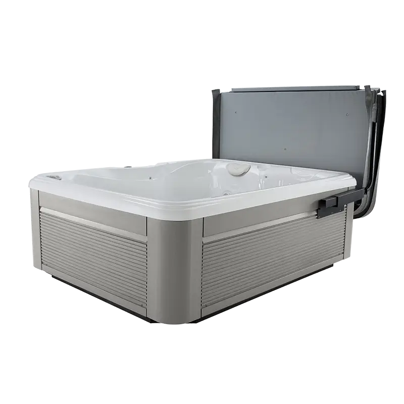 Caldera hot tub cover lifter mounted to a spa with the cover lifted upright