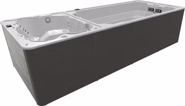 SwimLife SwimExpert DualStream swim spa in Alpine Mist shell with Driftwood cabinet, showing a dual-zone design for swimming and relaxation.