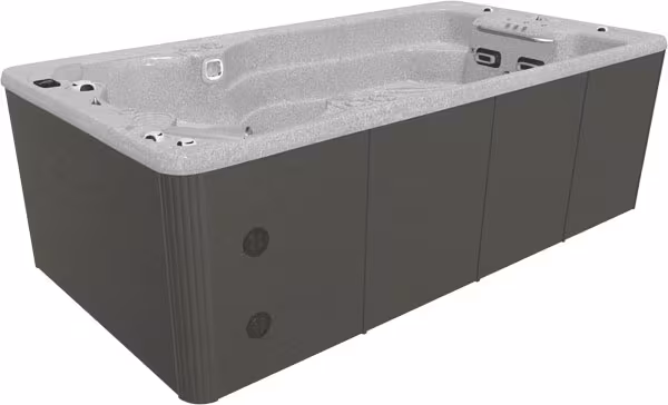 SwimLife SwimFit SwimStream swim spa in Alpine Mist shell with Driftwood cabinet, available at Blackthorne Spas.