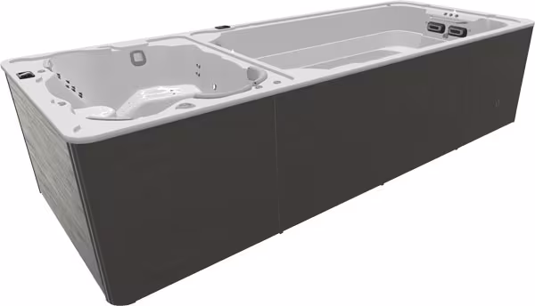 SwimLife SwimExpert DualStream swim spa in Pure White shell with Driftwood cabinet, featuring dual swim and hydrotherapy zones.