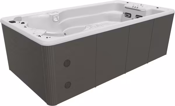 SwimLife SwimFit SwimStream swim spa in Pure White shell with Driftwood cabinet from Blackthorne Spas.