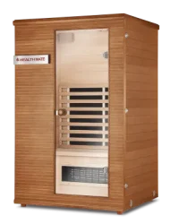 HealthMate Serenity 2 two-person infrared sauna with natural wood finish and glass door.