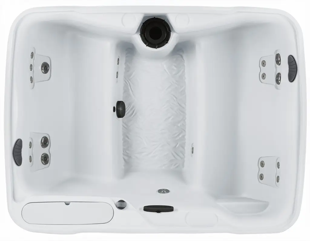 Overhead view of the Fantasy Spas Enamor Premier hot tub with LED lighting, upgraded jets, and waterfall feature