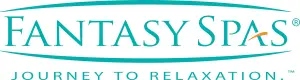 Fantasy Spas logo with teal lettering and orange accent stroke above the letter A