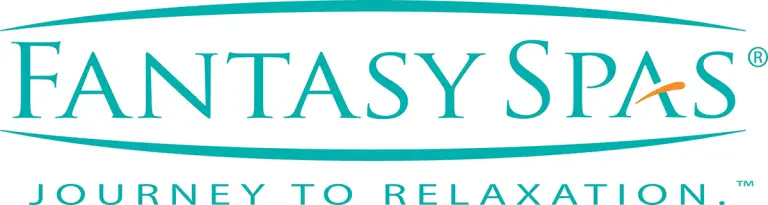 Fantasy Spas logo with teal lettering and orange accent stroke above the letter A