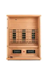 Health Mate Serenity 3 infrared sauna with front panel removed, revealing interior heating panels and bench seating.