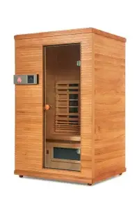 Health Mate Serenity 2 infrared sauna front view with glass door, digital control panel, and natural wood exterior.