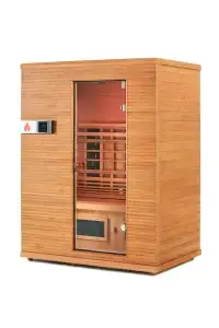 Health Mate Serenity 3 infrared sauna front view with glass door, digital control panel, and natural wood exterior.
