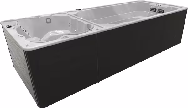 SwimLife SwimExpert DualStream swim spa in Silver Marble shell with Midnight cabinet, highlighting modern contrast and sleek design.