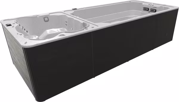 SwimLife SwimExpert DualStream swim spa in Alpine Mist shell with Midnight cabinet, highlighting dual swim and spa sections.