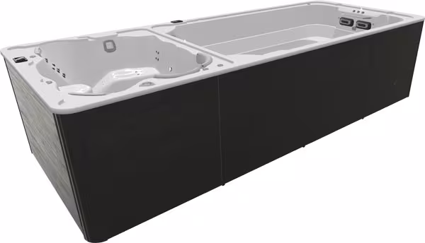 SwimLife SwimExpert DualStream swim spa in Pure White shell with Midnight cabinet, featuring a clean, minimalist aesthetic.