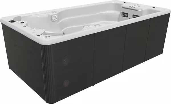 SwimLife SwimFit SwimStream swim spa in Pure White shell with Midnight cabinet, available at Blackthorne Spas.