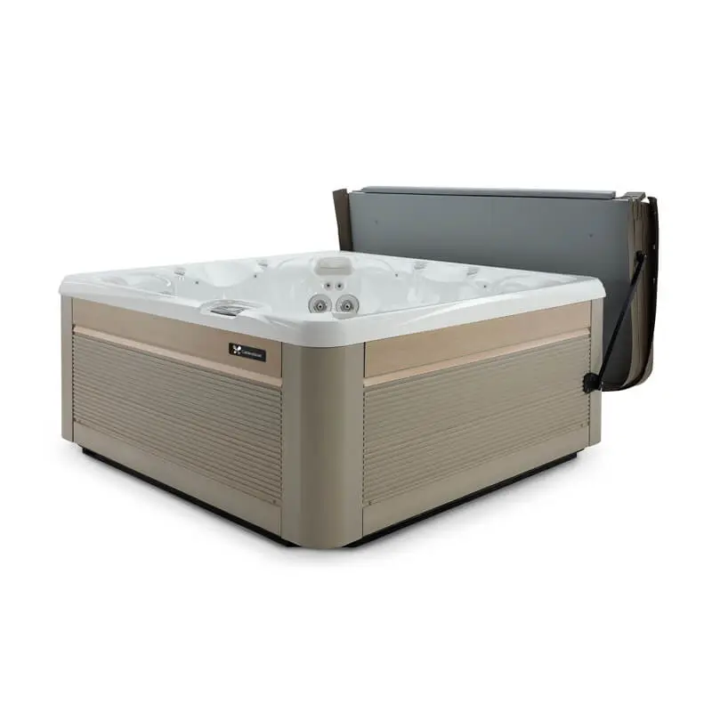 Caldera ProLift II hot tub cover lift mounted to spa cabinet