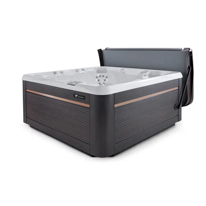 Caldera ProLift III hot tub cover lift mounted to spa cabinet