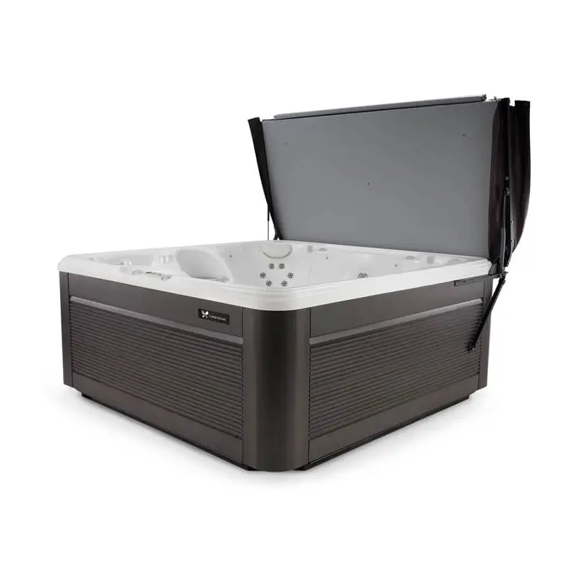 Caldera ProLift IV hot tub cover lift mounted to spa cabinet with gas-assisted arms