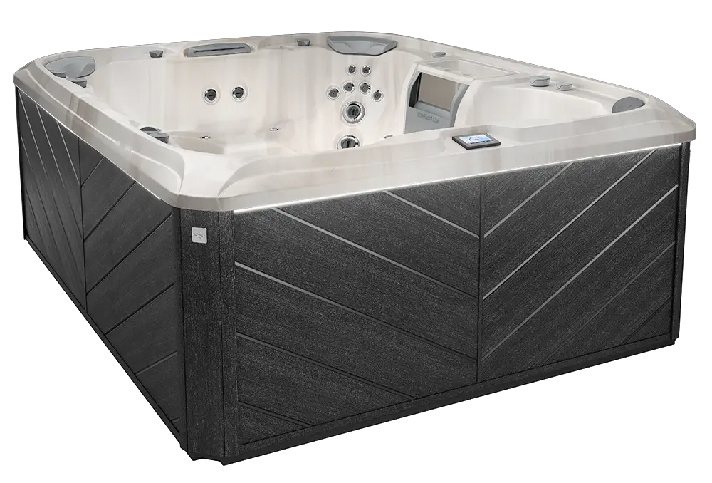Sundance 880 Series Aspen hot tub with open seating, jet layout, and exterior cabinet at Blackthorne Spas