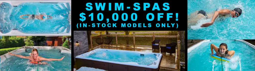 Swim Life SwimSpa collage of multiple views of a swim spa. Text: $10,000 of in stock models