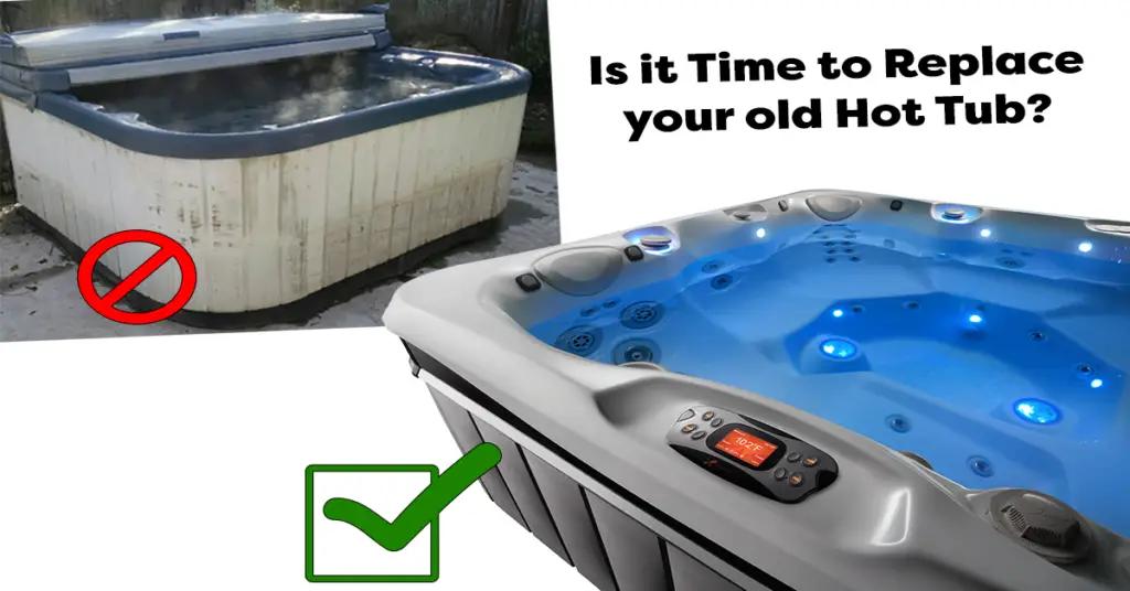 Is it time to replace your hot tub? Image with old and new hot tubs.